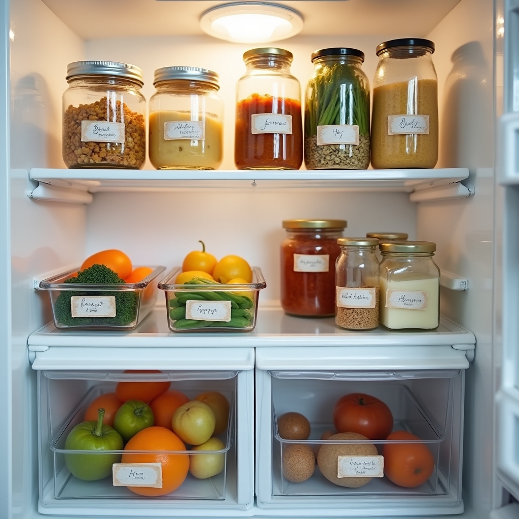 Geöffneter Kühlschrank mit klar beschrifteten Zonen für Reste, Frisches und Vorräte