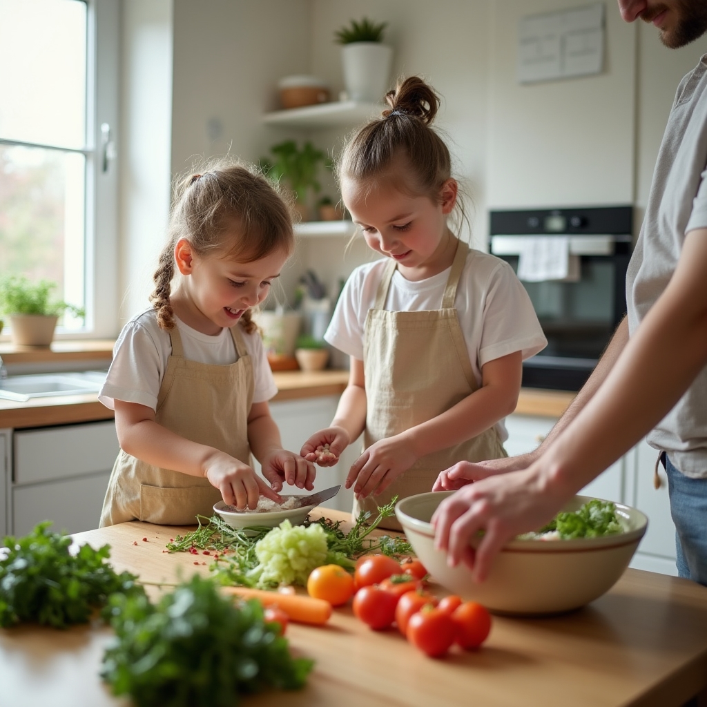 Zwei Kinder helfen gemeinsam mit einem Elternteil beim Sortieren von Gemüse in der Küche