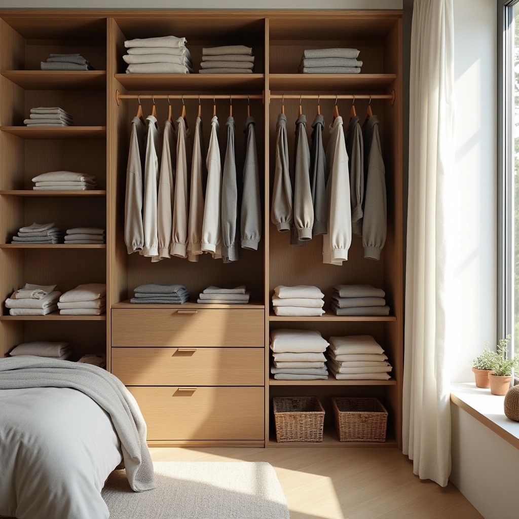 Geöffneter Kleiderschrank im Schlafzimmer mit ordentlich gefalteten Stapeln und sichtbaren Fächern